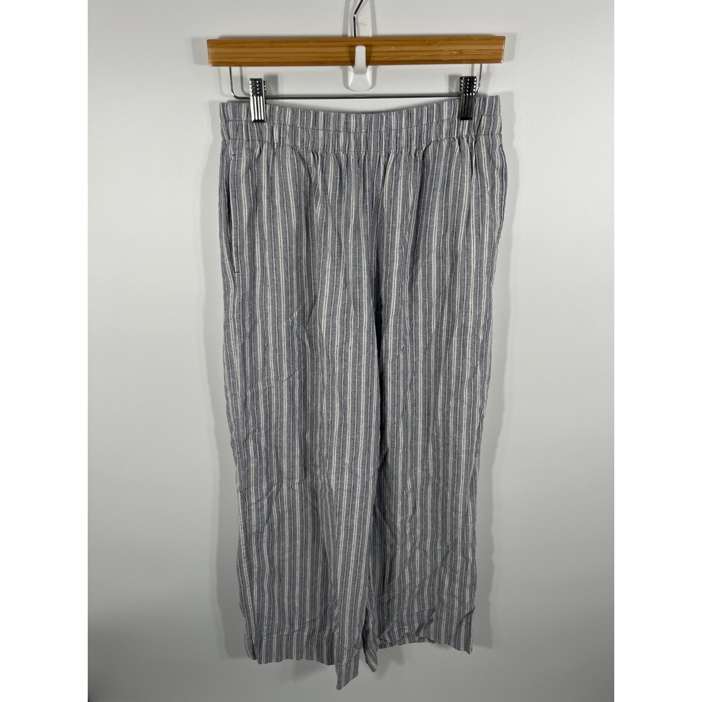 Linen Blend Wide Leg Pants Womens S Blue White Stripe Coastal Euro Summer Chic